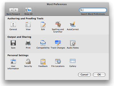 Word 2008's new preferences window