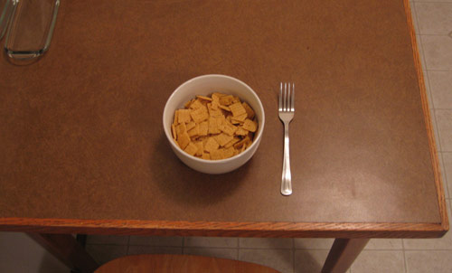 Open cupboard, get bowl, grab fork, pour cereal, snag milk...wait, a fork? I'm going back to bed.